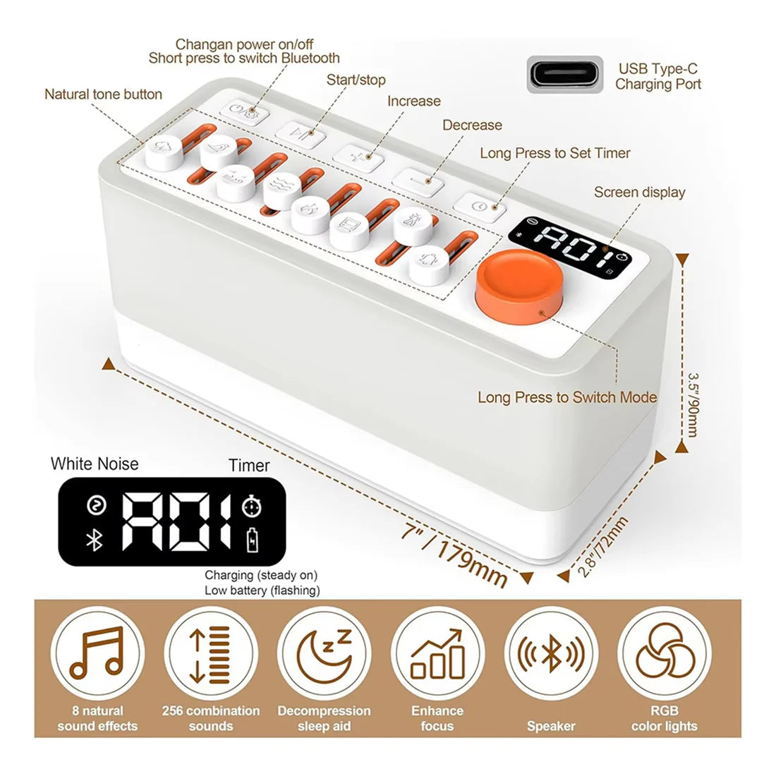 Trendy! White Noise Sleep Sound Machine with 8 Nature Sounds, Portable Bluetooth Speaker, 12 Colors Night Lights